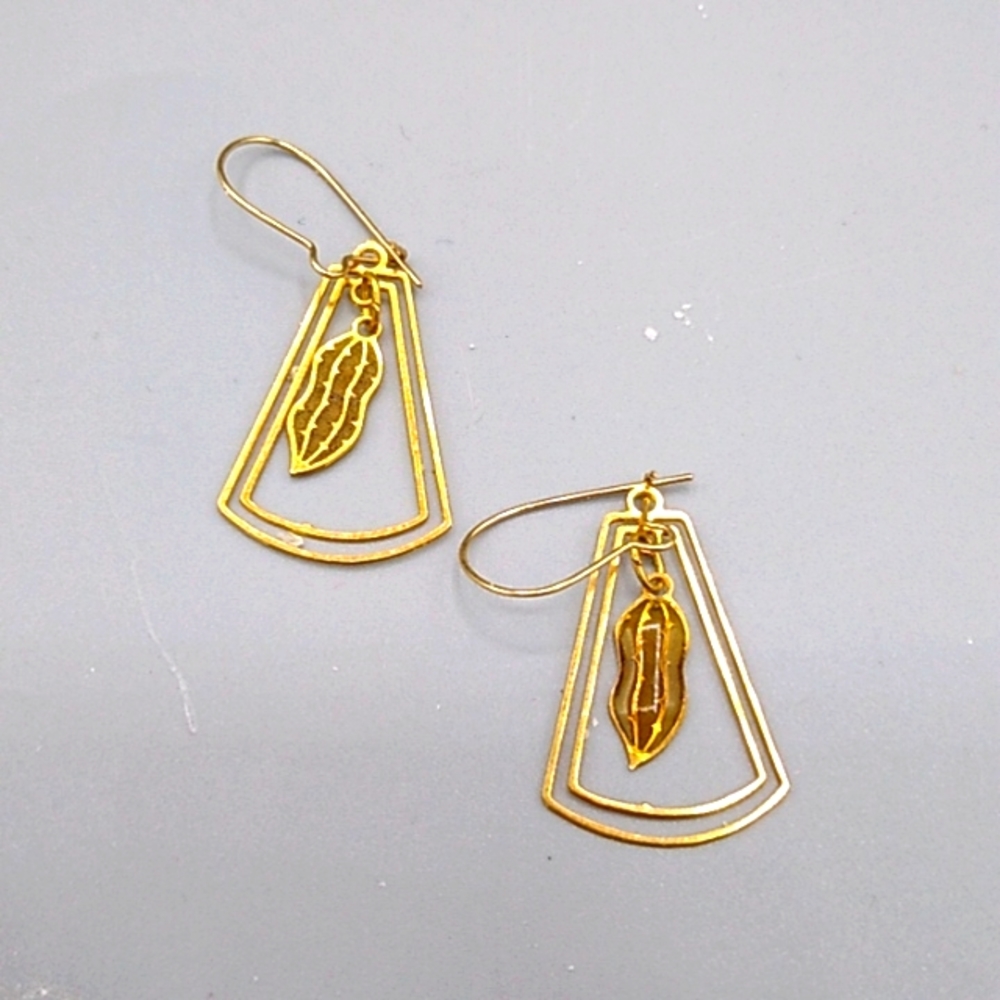 Geometric Gold Tone Dangle Drop Earrings with Peanut Charms Vintage